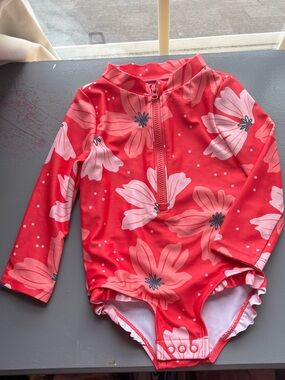 Baby Girls' Red Floral Long-Sleeve One-Piece Swimsuit with Front Zip
